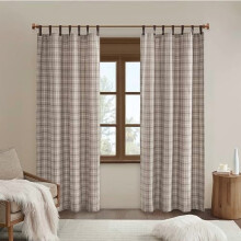 Anaheim Cabin Plaid Curtain, Thermal Insulated, Fleece-Lined, Room-Darkening Drape, 50x108", Brown, Single Panel with Faux Leather Tabs