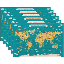 World Map Animal & Ocean Placemats, 12x18", Linen, Waterproof, Washable, Rustic Vintage Table Runner Set of 6