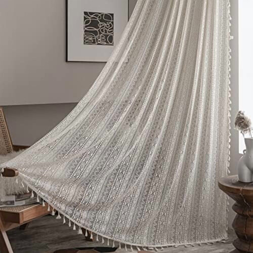 Boho-Häkelvorhang, 150 cm breit x 213 cm lang, transparenter Baumwollvorhang