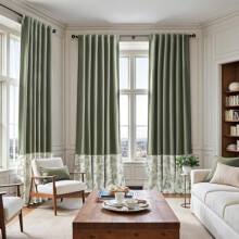 Faux Linen Blackout Curtains 84", Green Floral Pattern on Off-White, Back Tab, 2 Panels, Compatible with Standard Rods