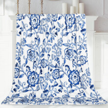 Coperta soffice con motivo floreale blu e bianco, stile Chinoiserie, decorativa, morbida e accogliente in flanella per casa, letto, divano, poltrona,