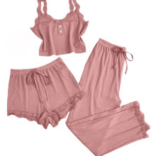 Ensemble pyjama 3 pièces pour femme avec bordure en dentelle – Bretelles spaghetti, pyjama doux et extensible (short/pantalon long), tailles S Ă