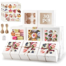 30-Pack 6x6x3" White Cupcake Boxes with Window, Stickers & Twine – Compatible with Bakery Treats, Desserts, Strawberries, Gifts
