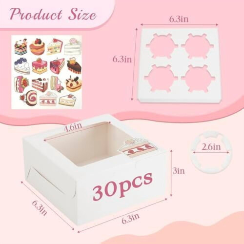 Συσκευασία 30 κουτιών για cupcakes 6x6x3" σε λευκό χρώμα με παράθυρο, αυτοκόλλητα και 1