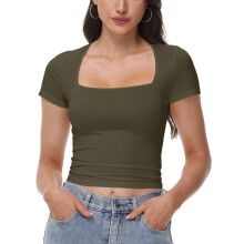 Damtopp med fyrkantig halsringning, kortärmade toppar, träningskläder, sommarkläder, casual, smal passform, t-shirts