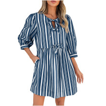 Naisten kesäinen raidallinen babydoll-mekko, 3/4-hihat, polypuuvillaa, joustava, kiristysnyöri vyötäröllä, taskut, S-2XL