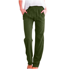 Calça feminina casual de cor sólida, cintura elástica, perna reta, conforto semelhante ao linho, pré-encolhida, imitação de algodão e linho,