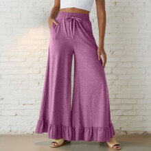 Damen-Loungewear-Hose mit weitem Bein, Kordelzug im Bund und Rüschensaum, Baumwollmischung, Größen S-2XL, verschiedene Farben erhältlich