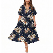 Elegantes, stilvolles Maxikleid in Übergröße für Damen mit V-Ausschnitt, kurzen Ärmeln und geschlitztem Saum, floralem Schmetterlingsmuster,