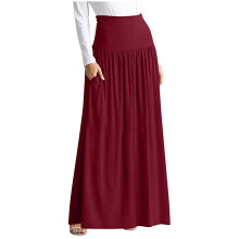 Falda larga fruncida de talle alto para mujer, color liso con bolsillo, tallas grandes S-4XL