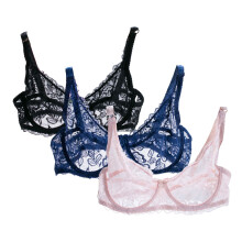 Conjunto de 3 sujetadores transparentes y sexys, sin forro, con aros, de encaje y malla, sin relleno, ultrafinos y transparentes.