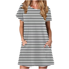 QLEICOM Dam Sommarklänningar med T-shirt, O-ringad, Kortärmad, Lös Klänning, Solklänning med Fickor, Grå B XL, Storlek: 10