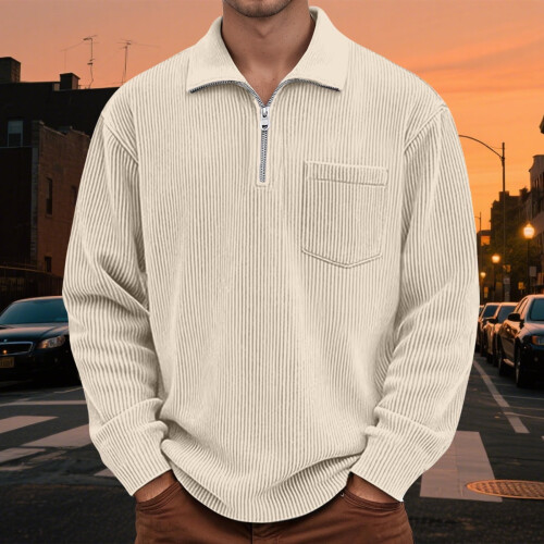 Shirts for Men Corduroy Long Sleeve Solid Collared Tops Zipper Pullover Textured Sweatshirt 1