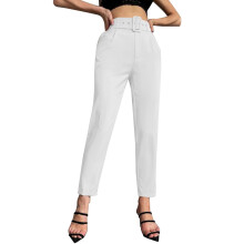 Pantalon habillé pour femme, taille haute, coupe droite, printemps-été, uni, imprimé, décontracté, large, en coton et lin, blanc.