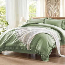 Juego de edredón de 7 piezas en verde salvia: 1 edredón, 2 fundas de almohada, 2 fundas de almohada, 1 sábana encimera – Ropa de cama shabby