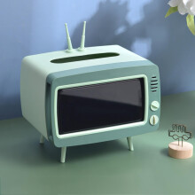 Retro tissueboxhoes in de vorm van een tv met telefoonhouder