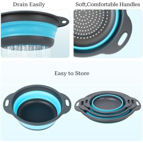 Collapsible Colander 3-Pack, Space-Saving Foldable Strainer with Non-Slip Base, PP+TPE, for Pasta/Vegetables/Fruits (Gray-Blue) 2