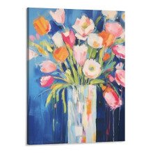 Contemporary Colorful Flower Blooms Canvas Wall Art, Pink Orange Blue Floral Wall Decor for Living Room Bedroom 16x20Inch