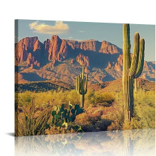 Superstition Mountains Sunset Wall Art Arizona Western Desert Cactus Paintings Canvas Art Saguaros Landscape on Canvas for Living Room 20x16in
