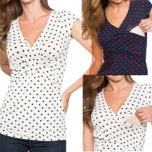 Women's Nursing Top V Neck Fashion Dot Pattern Travel Breastfeeding 1/4 Short Sleeve Pregnancy Clothes Blue L