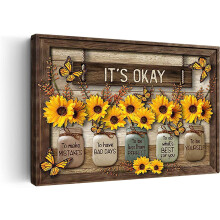 Sunflower Wall Art Canvas Print, "It's Okay" Inspirational Quote, Framed Rustic Farmhouse Decor for Bathroom, Kitchen, Office – 12x18 Inch