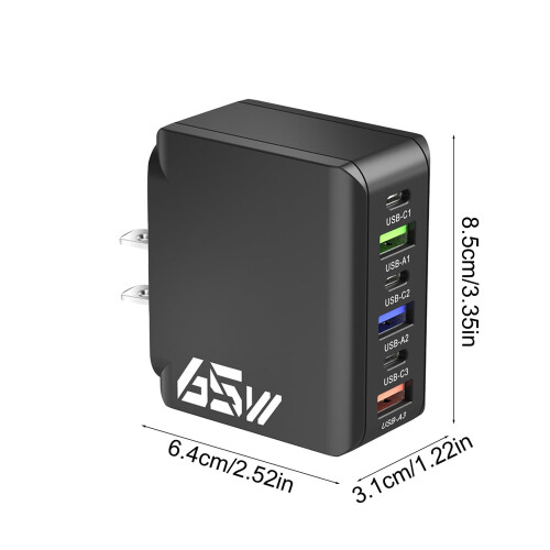 Γρήγορος φορτιστής 65W 6 σε 1 με θύρες USB-C και USB-A, φόρτιση φορητού υπολογιστή 65W Type-C, 1