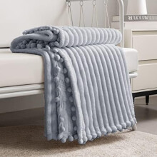 Queen Fleece Blanket 90x90", Grey – Soft, Plush, Warm, Cozy with Pompom Fringe – Compatible with Couch, Bed, Sofa