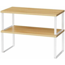 Organizadores de estantes de cocina de madera de 15,7", juego de 2, especiero apilable y expandible, metal blanco, compatible con encimeras.