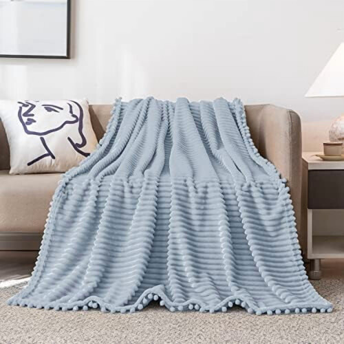 Grey Microfiber Throw Blanket with Pompom Trim 51x63 in 1