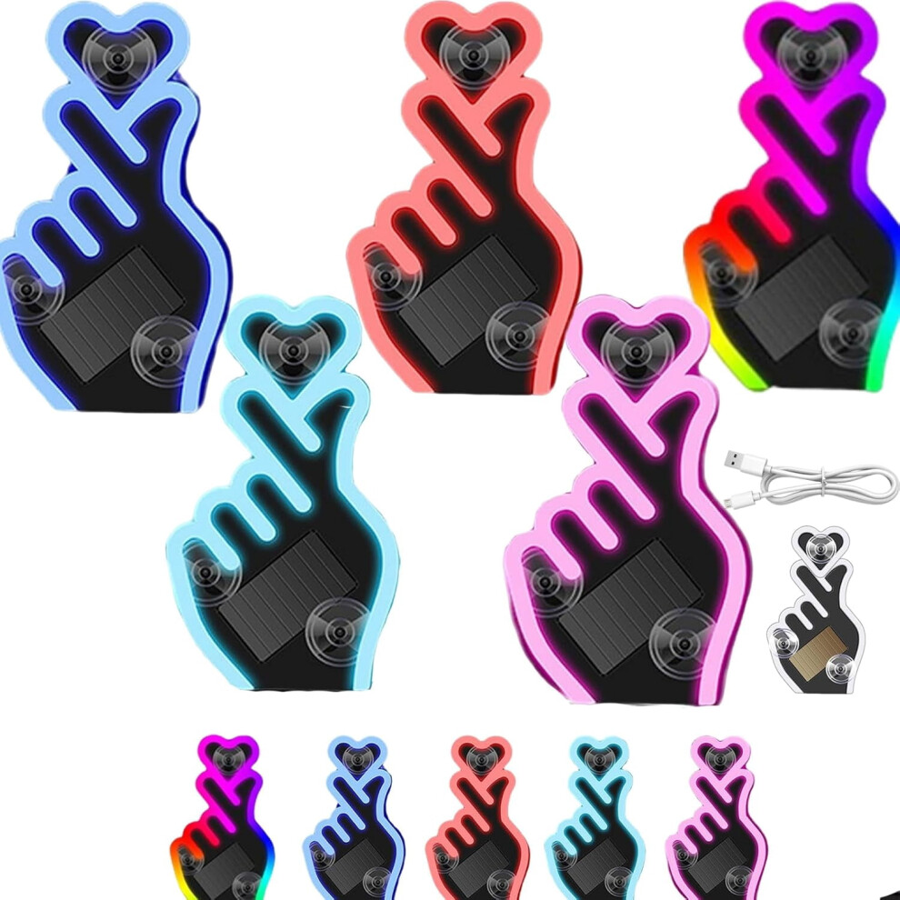 Solar-Powered Finger Heart Car Window Usb-C Rechargeable, Suction Cup, Neon Love Atmosphere S (5Pcs), Compatible With All Car Windows Light 9313598861481