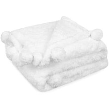 White Sherpa Throw Blanket - Warm Plush Pom Pom Blanket for Couch & Bed, Cozy Fuzzy Throw (Twin, 60x80)