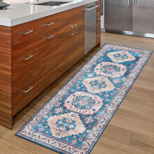 Tapis de couloir lavable 60 x 180 cm pour entrée, cuisine, salon – Résistant aux taches, antidérapant, à poils courts, bleu