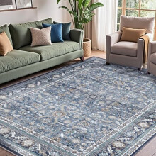 Tapis vintage bleu 120 x 180 cm lavable en fausse laine