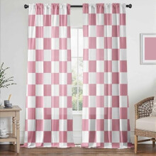 Pink & White Checkered Curtains, Rod Pocket, Semi-Sheer, Farmhouse Retro, Light Filtering, Set of 2 (52x84 in)