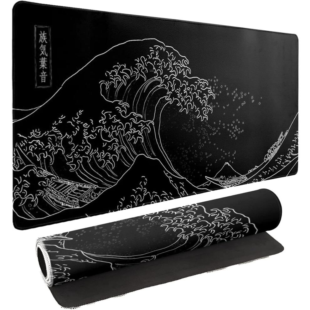 Japanese Sea Wave Xxl Anime Mouse Pad, 35.4X15.7in, Non-Slip Rubber Base, Full Desk Gaming Mat 9496895902603