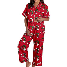 Weihnachtspyjama mit Print, Kurzarm-Oberteil mit Knopfleiste und Hose aus weichem Satin für gemütliche Nächte