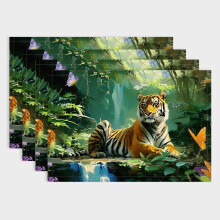 4pcs Tiger Jungle Waterfall Linen Dining Table Placemats for Birthday Parties, Christmas, Restaurants, Buffets & Home Decoration 18x12in