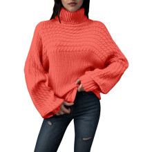 Langarm-Pullover für Damen, lässig, locker geschnitten, hochgeschlossen, modisch, Strickoberteile, Damenpullover für Herbst und Winter, Orange