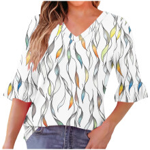 Lässige Damenbluse mit Print, V-Ausschnitt, Dreiviertelärmeln und Rüschen – Bequemer Stoff, hoher Bund mit elastischem Bund, ideal für Alltag,
