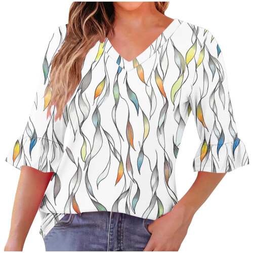 Γυναικεία Μπλούζα με Στάμπα και V-Neck, Πλισέ Μανίκια στο Τέταρτο, Βολάν – Άνετο