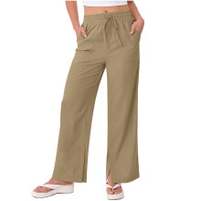 Sommerliche Leinenhose für Damen – Locker geschnittenes, gerades Bein, hoher Bund, elastischer Bund, Taschen und Seitenschlitze, bequeme