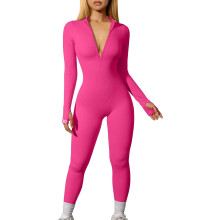 Dames yoga jumpsuit, workout jumpsuit met lange mouwen, ribbels en ritssluiting aan de voorkant.