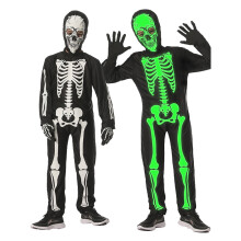 Macacão infantil luminoso com estampa de esqueleto, preto, tamanho 9-10 anos – Ideal para festas de Halloween, uso escolar e eventos de férias.