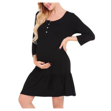 Umstandskleid für Damen, ausgestellter Rock mit Falten, 3/4-Ärmeln, Stillkleid mit Knopfleiste, Schwarz, Größe 2XL, kompatibel mit Umstandsmode