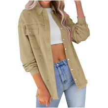 Spijkerjas voor dames met lange mouwen, reverskraag, lichte wassing, effen kleur, lichtgewicht, knoopsluiting, klassieke bovenkleding (Z03#Khaki,M)