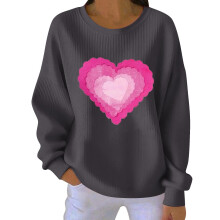 Damen-Sweatshirt zum Valentinstag mit Herzprint, geripptem Rundhalsausschnitt, lässigem Langarm-Pullover