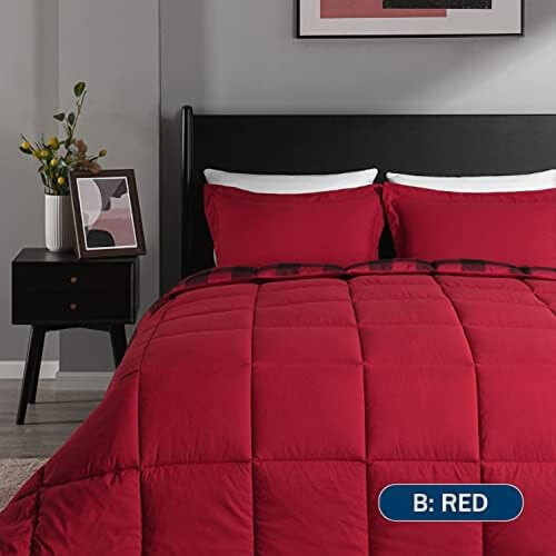 Plaid Comforter Set Twin 2-Piece Red Black Down Alternative 2