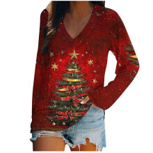 Top de mujer con estampado navideño, manga larga, cuello en V raglán, blusa informal de corte holgado, tejido suave, túnica urbana con estampado