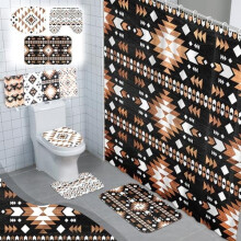 8-delige douchegordijnset in westerse Azteekse stijl – geometrische vintage boho-decoratie, waterdicht, antislip badmat, toiletbrilhoes, 12 haken