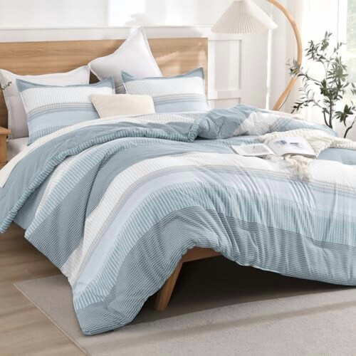 Hellblau gestreiftes Bettwäscheset (Queen-Size) 2